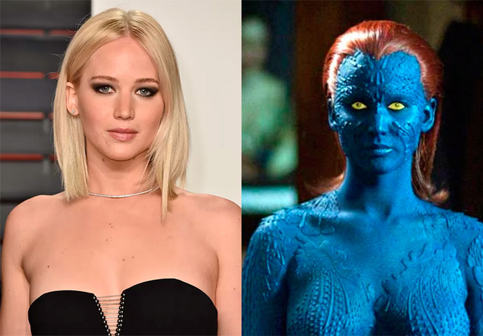 Por conta de sempre estar em evidência, todo mundo sabe que Jennifer Lawrence é a Mística nos filmes de X-Men, mas é muito difícil reconhecer uma na outra só de bater o olho