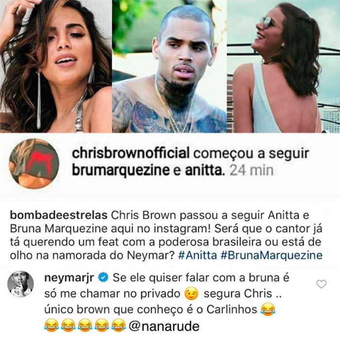 6 – Anitta tem o Chris Brown como seguidor do Instagram. Fala sério, que poder! O cantor internacional seguiu a morena e Bruna Marquezine causando o maior alvoroço na rede
