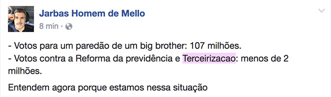 Jarbas de Mello fala da diferença entre BBB e Política 