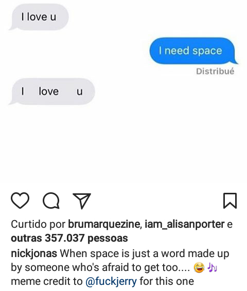 Nick Jonas fala de amor e Bruna Marquezine curte post