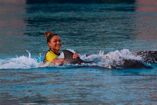 Ana Paula Evangelista nada com golfinhos em Dubai