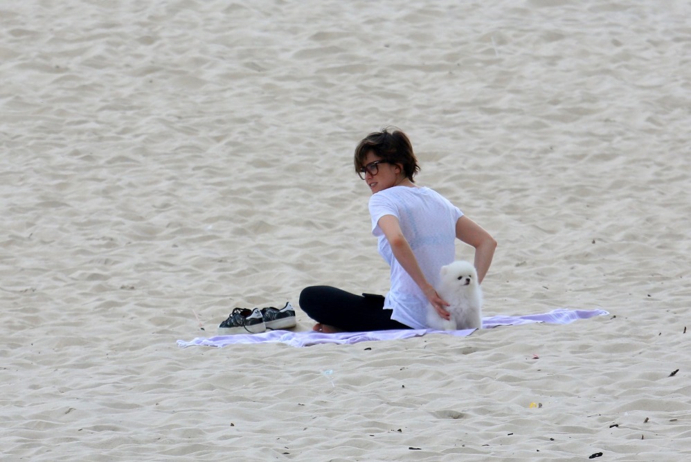 Fernanda Vasconcellos passeia com pet na praia
