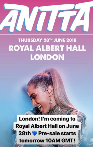 Anitta anuncia show em Londres, Inglaterra