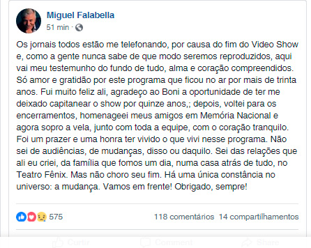 Miguel Falabella abre o jogo sobre o fim do Vídeo Show