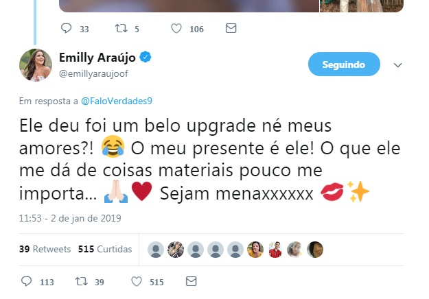 Emilly Araújo alfineta ex do namorado: 'Deu um belo upgrade'