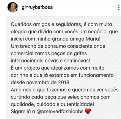 Publicação feita por Gioconda Ruy Barbosa em seu Instagram