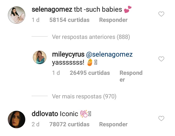 Selena Gomes e Demi Lovato comentaram na publicação de Miley Cyrus
