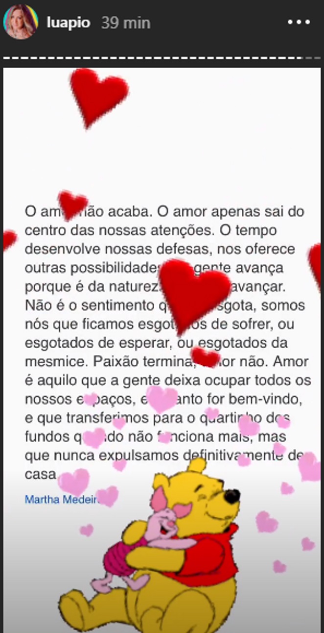 Luana Piovani postou texto sobre o amor no Instagram