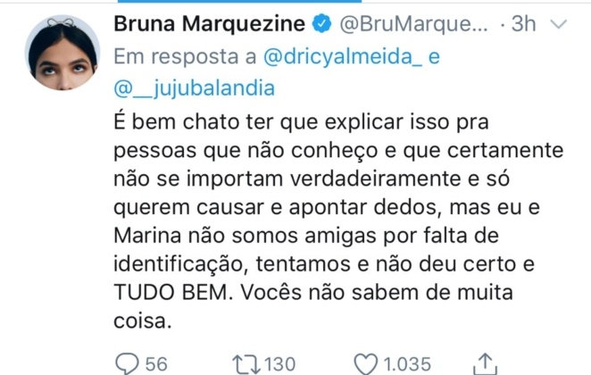 Bruna Marquezine explica unfollow em Marina Ruy Barbosa 