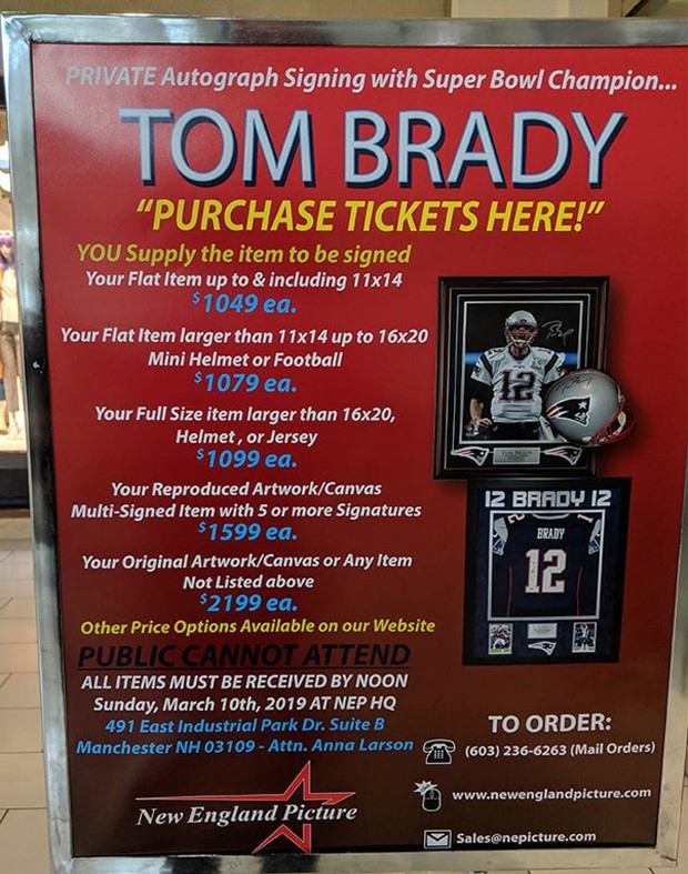 Lista de preços dos autógrafos de Tom Brady