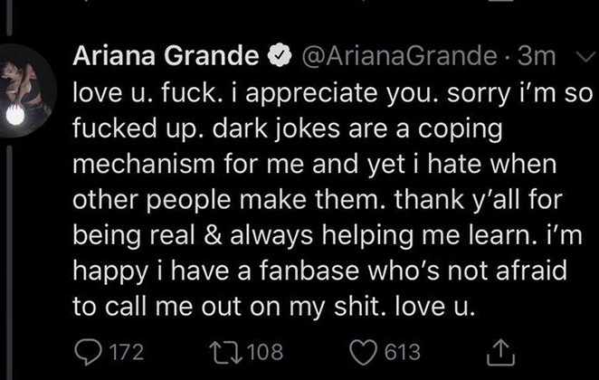 Ariana pediu desculpas no Twitter, mas também apagou a mensagem logo depois