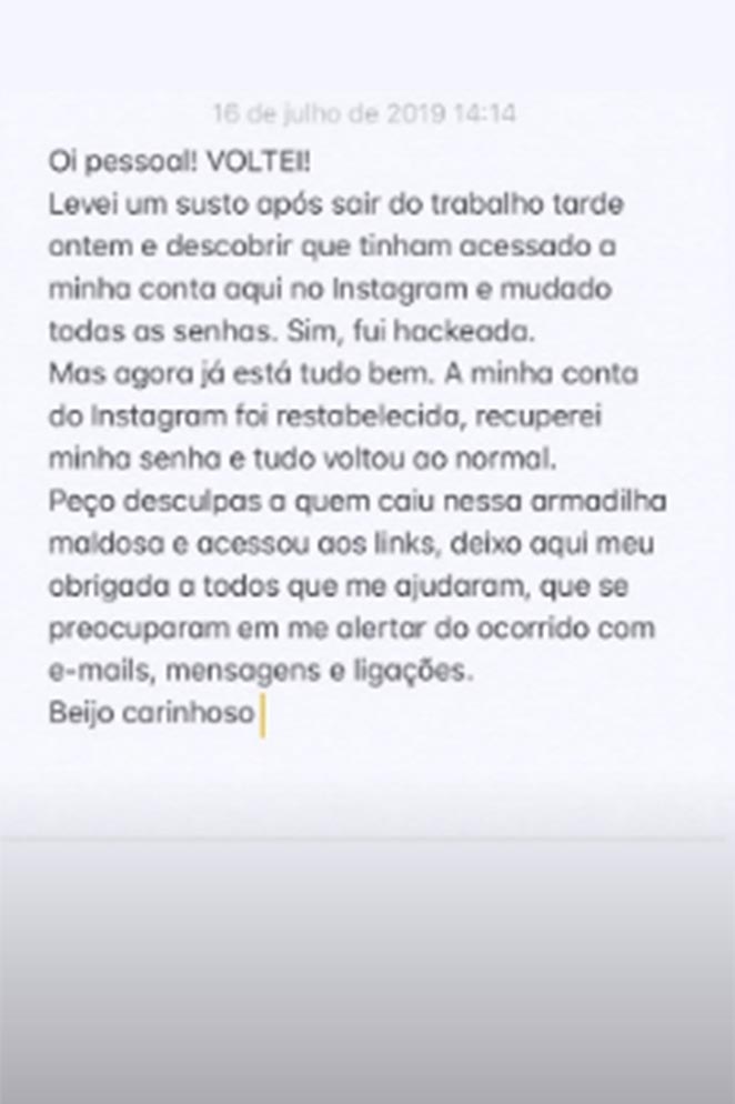 Após ser hackeada, Marina Ruy Barbosa retorna ao Instagram