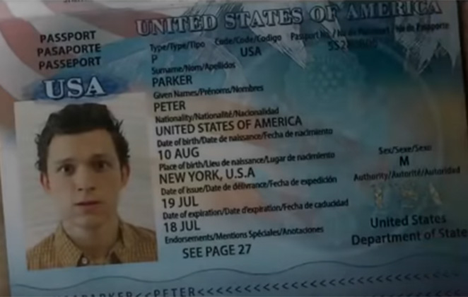 Passaporte revela a data de aniversário de Peter Parker