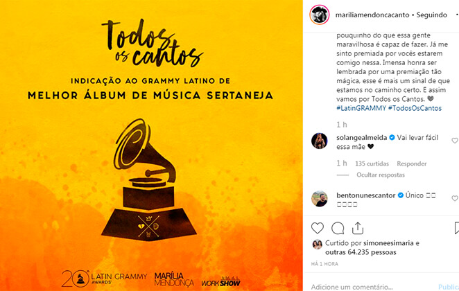 Publicação de Marília Mendonça sobre indicação ao Grammy Latino, sendo parabenizada por famosos