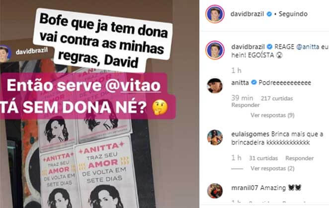 David Brazil envolve Vitão em brincadeira e Anitta responde