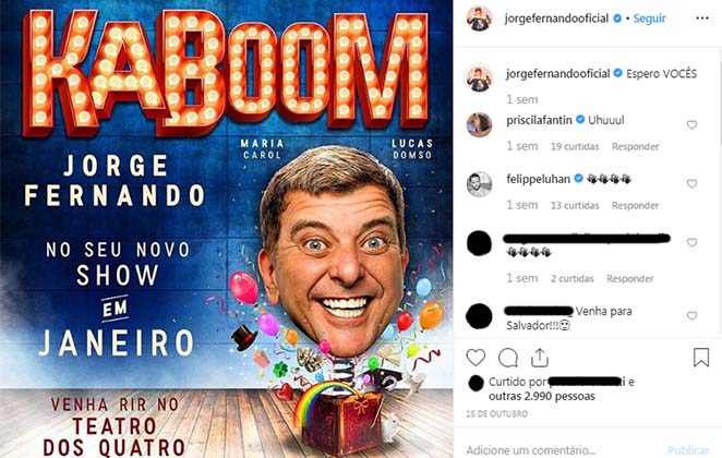 Jorge Fernando comemorou a volta aos palcos ao anunciar a peça Kaboom