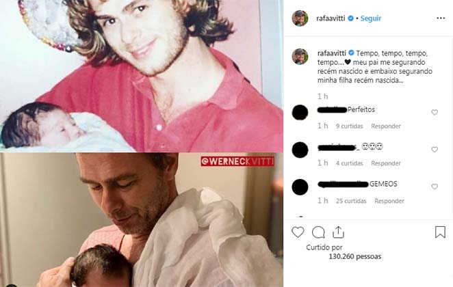 Rafa Vitti compara uma foto mais antiga de seu pai, com ele no colo, e a mais atual, segurando a neta