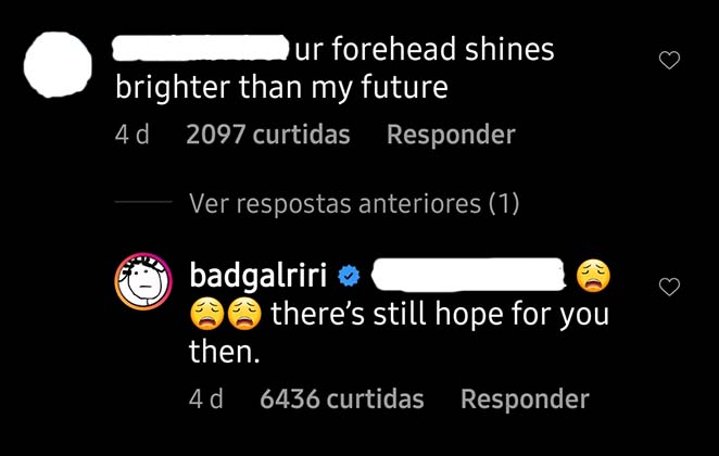 Rihanna responde comentário de seguidor que falou de sua testa
