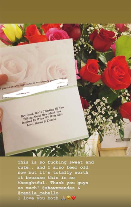 Demi lovato recebe bilhete e buquê de flores de Camila Cabello e Shawn Mendes