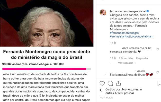 Post da atriz Fernanda Montenegro