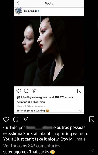 Selena Gomez se manifesta após Bella Hadid deletar postagem na qual ela comentou