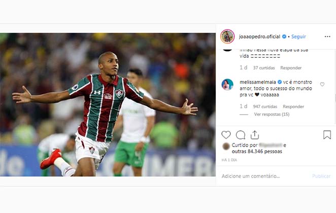 Em postagem de despedida do Fluminense, Mel Maia apoia o namorado, João Pedro, em carreira internacional