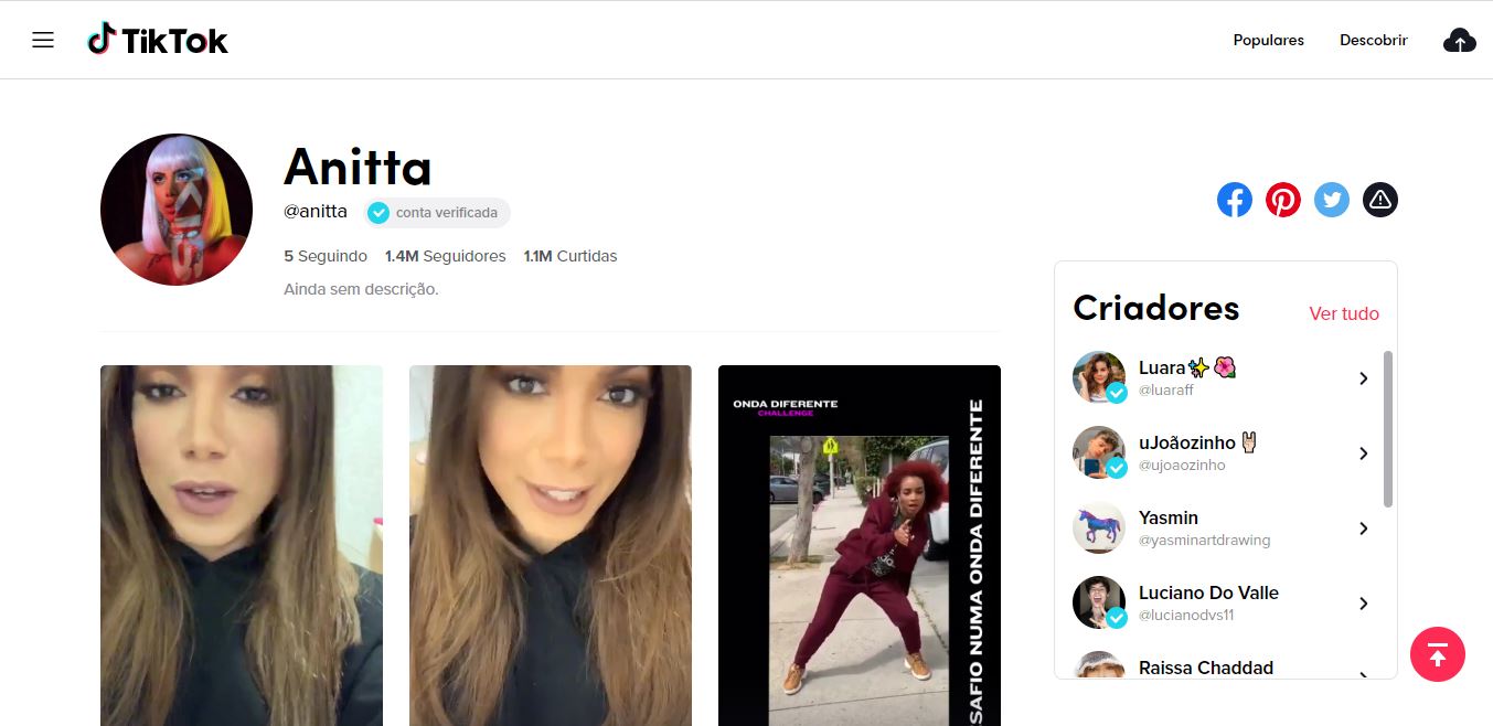 Anitta tem mais de um milhão de seguidores no app