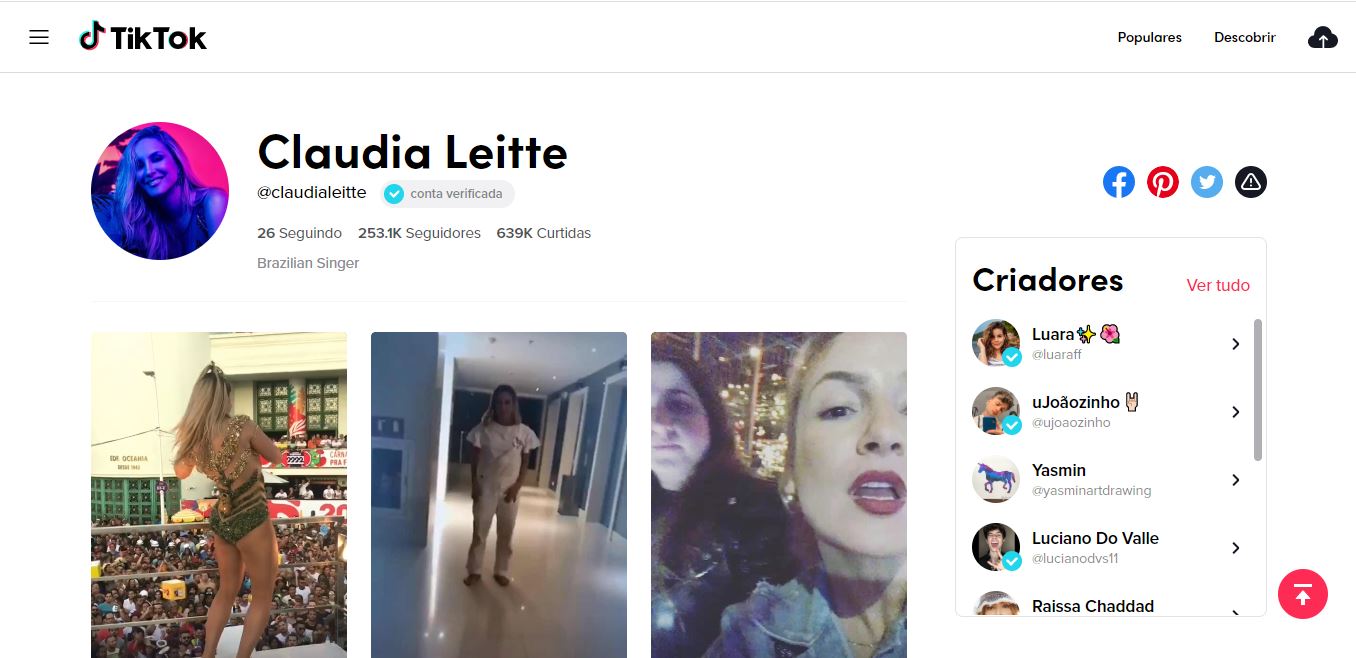 Claudinha já tem mais de 200 mil seguidores do TikTok