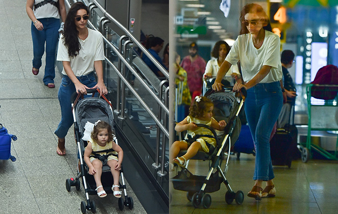 Débora Nascimento foi vista desembarcando com Bella no aeroporto de Congonhas, em São Paulo