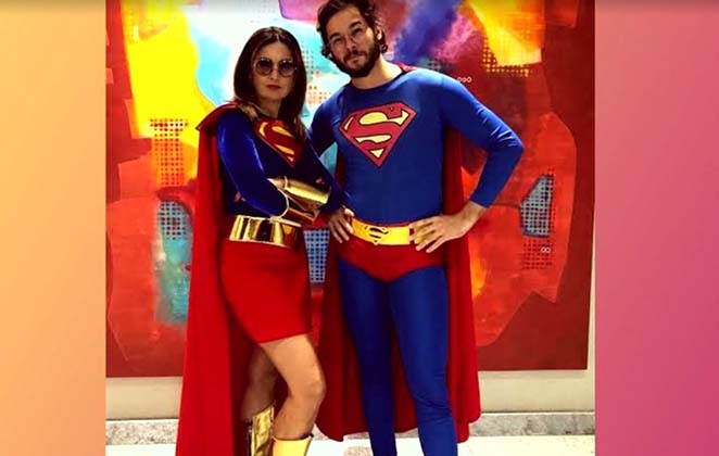 Fátima Bernardes e Túlio Gadelha vestidos de super-heróis