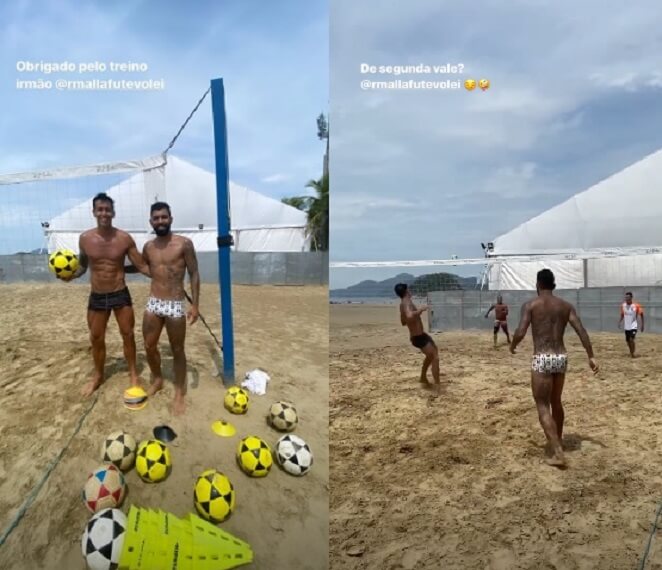 Gabigol aproveita férias para jogar futevôlei na praia e usa sunga com estampa de letrinhas