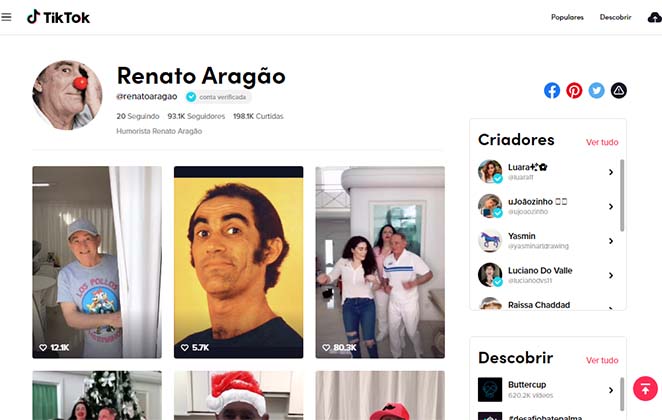 Renato Aragão bomba com seus vídeos engraçadinhos