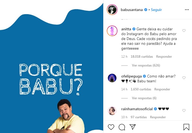 Anitta fez apelo nas redes sociais de Babu Santana