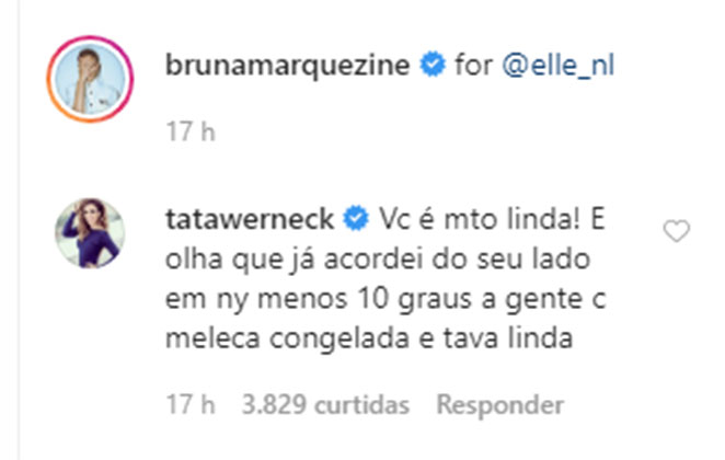 Tatá Werneck faz comentário inusitado em foto de Bruna Marquezine 