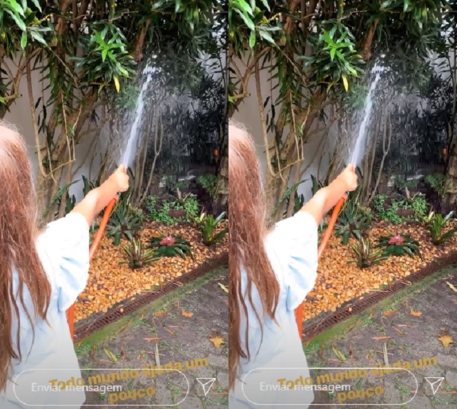 Nas redes sociais, Cauã Reymond mostrou a filha Sofia, de sete anos, regando as plantas