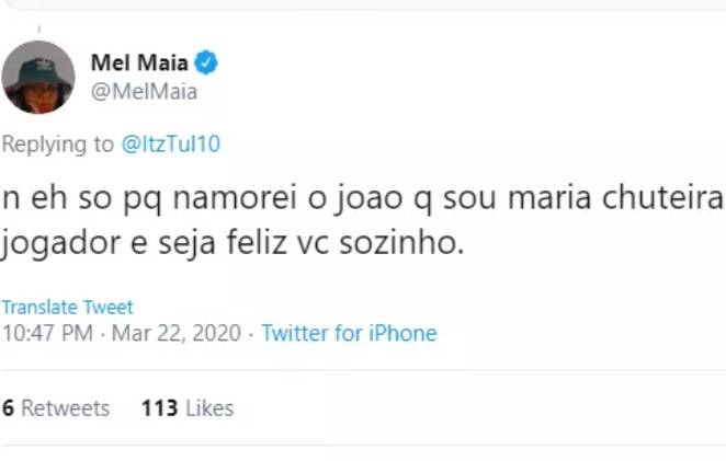 Resposta de Mel Maia no Twitter