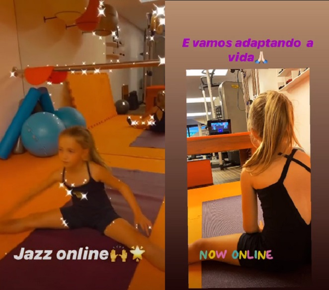 Angélica mostra a filha Eva, de sete anos, fazendo aula de dança online