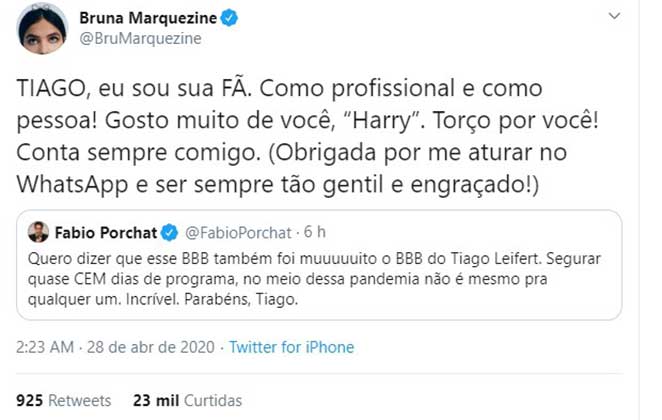 Bruna Marquezine rasga elogios a Tiago Leifert