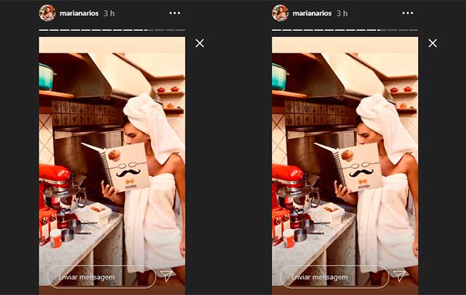 Mariana Rios compartilhou nos Stories do Instagram uma foto enrolada na toalha enquanto cozinhava um bolo