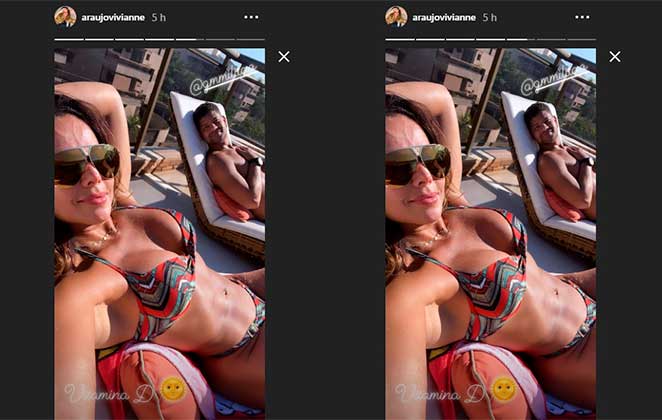 Por meio dos Stories do Instagram, Viviane Araújo posou tomando sol com o namorado