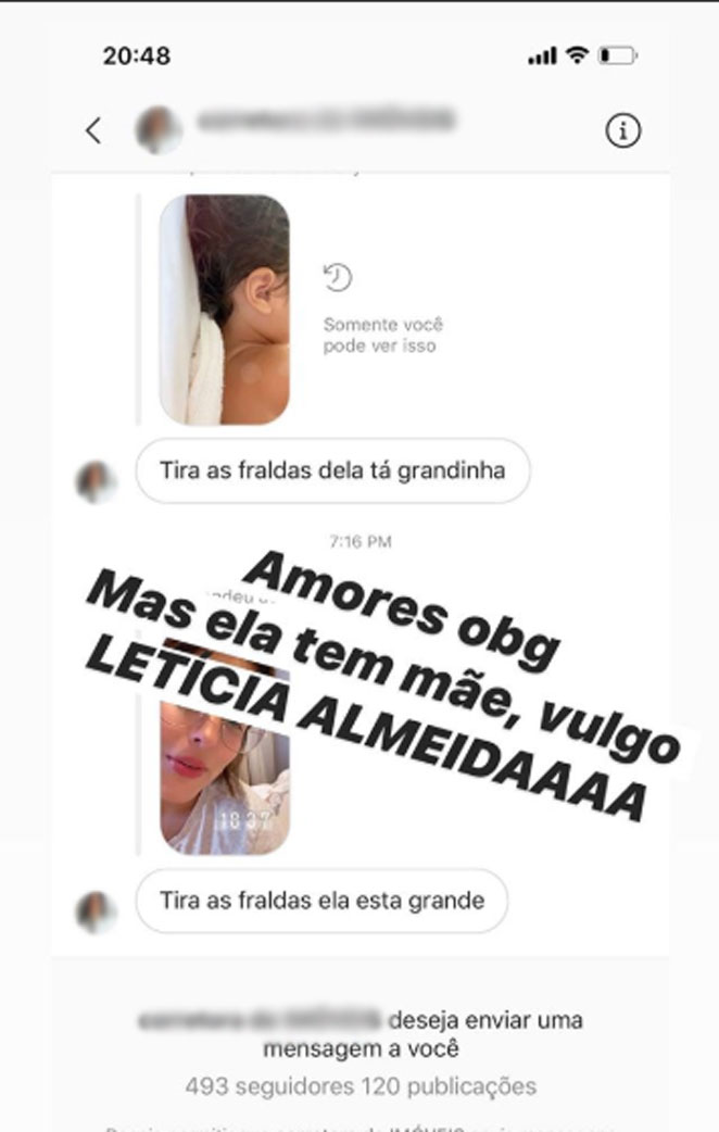 Letícia Almeida se incomoda com mensagem de internauta sobre filha mais velha