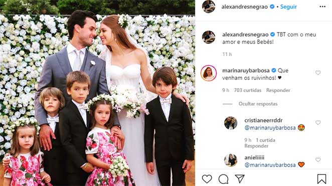 Marina Ruy Barbosa chama a atenção com comentário deixado em post do marido Alexandre Negrão nas redes sociais