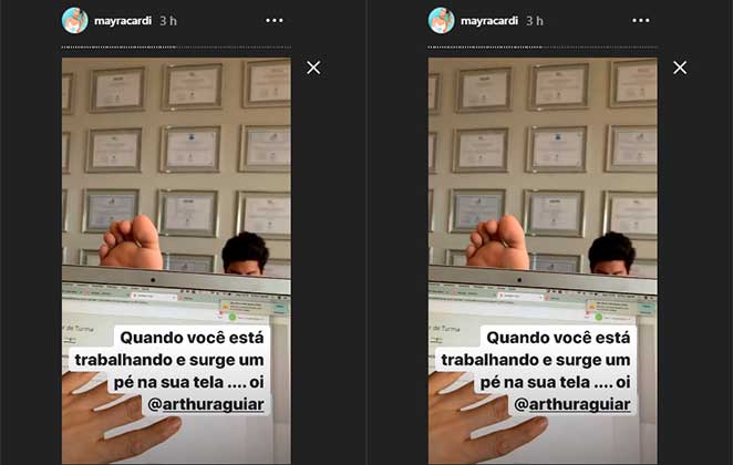 Nos Stories do Instagram, Mayra Cardi mostrou Arthur Aguiar em seu escritório