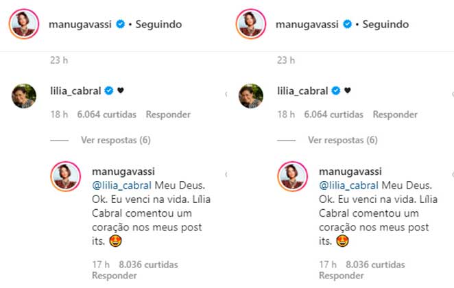 Manu Gavassi ficou muito feliz após Lilia Cabral reagir à sua publicação no Instagram