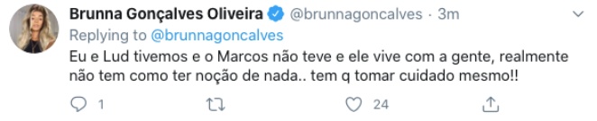 Brunna Gonçalves contou que Marcos não teve coronavírus, mas ela e Ludmilla sim