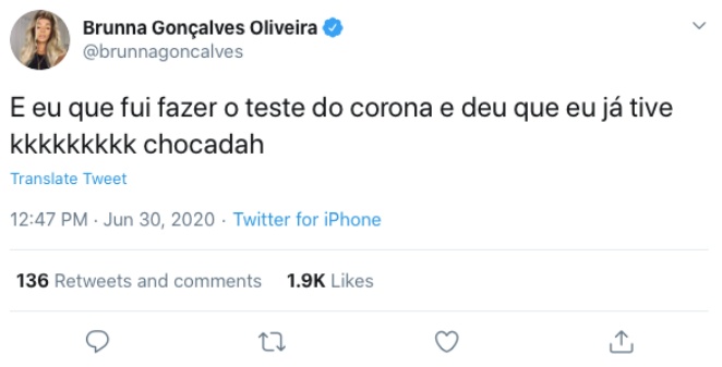 Brunna Gonçalves revela que já teve coronavírus