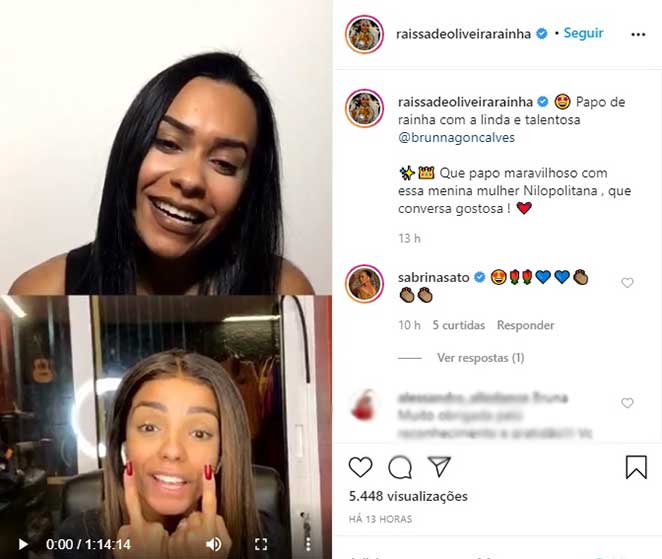 Brunna Gonçalves participou de live ao lado de Raissa de Oliveira no Instagram