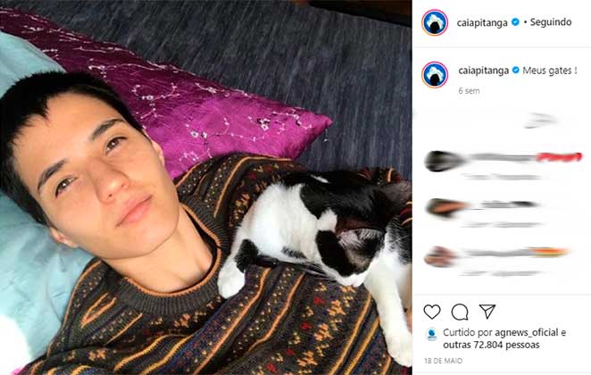 Camila Pitanga postou no Instagram uma foto da namorada, Beatriz Coelho, com um gatinho em cima dela