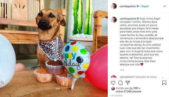 Camila Queiroz e Klebber Toledo fazem festa de aniversário para cachorrinha de estimação