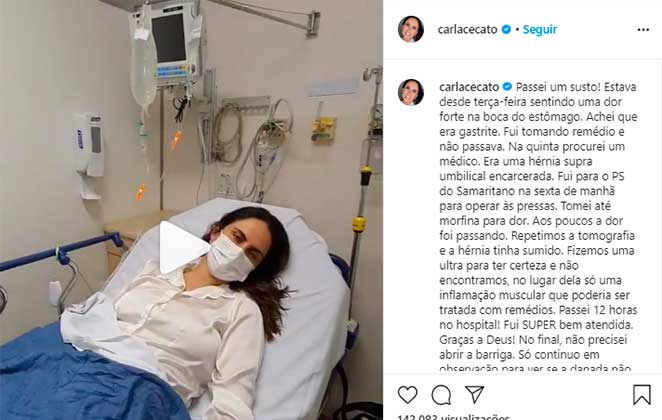 Carla Cecato é internada às pressas por suspeita de hérnia, mas cirurgia é cancelada por se tratar de uma inflamação
